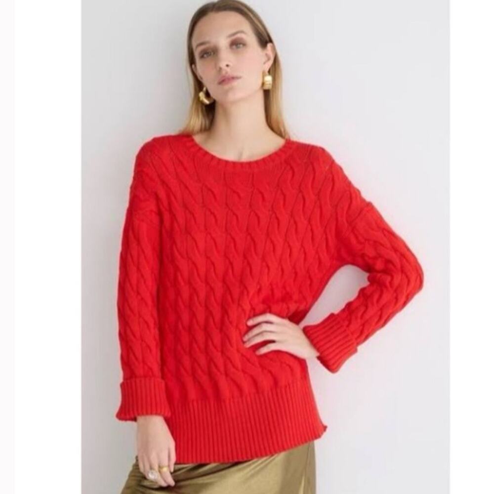 J Crew Cotton Cable-Knit Side Slit Crewneck Sweater Medium-Large Red Chunky